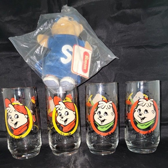 Libbey Alvin and Théodore Glass Tumbler Set 4 Chipmunks Glasses Vintage 1985 - Picture 1 of 7
